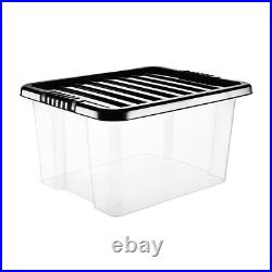 Clear Plastic Storage 35L Boxes Black Lids Home Office Stackable Strong Quality