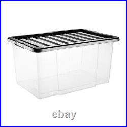 Clear Plastic Storage 50L Boxes Black Lids Home Office Stackable Strong Quality