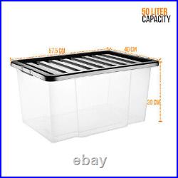 Clear Plastic Storage 50L Boxes Black Lids Home Office Stackable Strong Quality