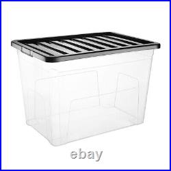 Clear Plastic Storage 80L Boxes Black Lids Home Office Stackable Strong Quality