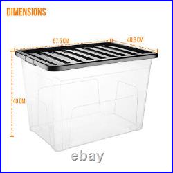 Clear Plastic Storage 80L Boxes Black Lids Home Office Stackable Strong Quality