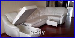 Corner sofa white large, folding with storage boxes. Eco-leather