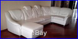 Corner sofa white large, folding with storage boxes. Eco-leather