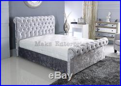 Crushed Velvet Designer Sleigh Bed Chesterfield Style ORTHO mattress and ottoman