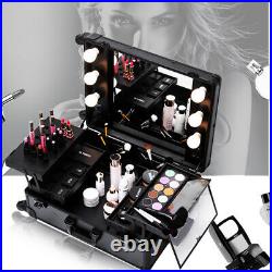 Designer Rolling Makeup Case With LED Bulbs Light UP Cosmetic Storage Box Large