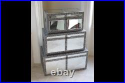 Embossed Set Of 3 Trunks Silver Mirrored Glass Storage Blanket Box Large Chest