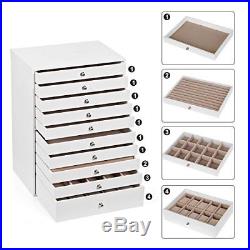 Extra Large Jewellery Box 10 Layer Storage Case Organizer With Drawer White Faux