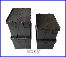 HEAVY DUTY BLACK Plastic Storage Boxes Totes Containers Crates + Lids Pack of 4