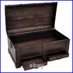 Home Large Wooden Colonial Treasure Chest Box Storage Trunk Vintage Brown U0Z0