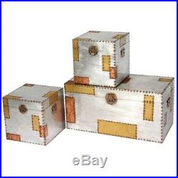 Industrial Aluminium & Copper Large Set 3 Trunks Cases Storage Furniture Chest