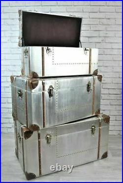 Industrial Storage Trunks Silver Metal Brown Trim Detail Toy Chest Box S M or L
