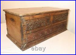 LARGE antique 1700's hand carved wood brass Folk Art box casket storage trunk