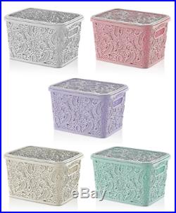 Large 17L LACE Plastic Storage Box with Lid Stackable Basket Container Boxes
