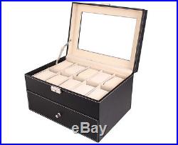 Large 20 Slot Leather Watch Box Display Case Organizer Glass Top Jewelry Storage