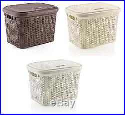 Large 30 Litre Plastic Rattan Storage Box with Lid Stackable Basket Container