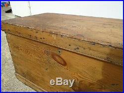 Large Antique Pine Trunk Coffee Table Rope Handles Toy Storage Chest Blanket Box