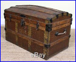 Large Antique Victorian Trunk Brass Bound Leather Wood Cabin Storage Box