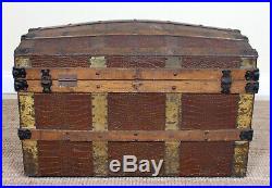 Large Antique Victorian Trunk Brass Bound Leather Wood Cabin Storage Box
