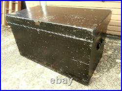 Large Antique Vintage Black Wood Carpenter Storage Box Trunk Chest & Inner Trays