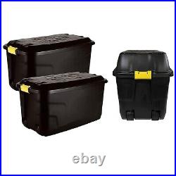 Large Black Indoor Outdoor Heavy Duty Storage Trunks With Lids, Wheels & Handles