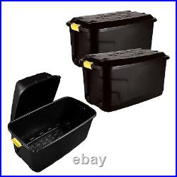 Large Black Indoor Outdoor Heavy Duty Storage Trunks With Lids, Wheels & Handles