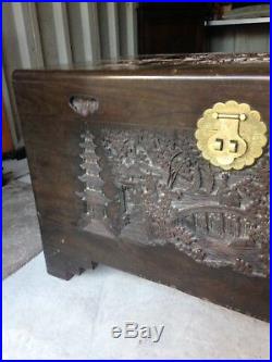 Large Craved Chinese Oriental Camphor Chest Trunk VERY HEAVY. Blanket Storage Box