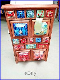 Large Mango Wood Tall Ceramic Storage Chest Floral Coloured Drawers Decorative