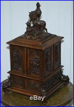 Large Ornately Carved Black Forest 19th Century Jewellery Box Chesterfield Silk