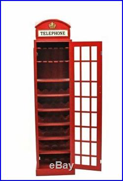 Large Red Telephone Box Wine Rack Glasses Holder Wooden Cabinet Storage
