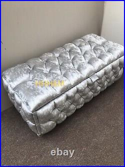 Large Silver Crushed Velvet Ottoman, Toys Storage Footstool, Blanket Box