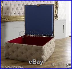 Large Square Chesterfield Buttoned Fabric Upholstered Storage Ottoman Box