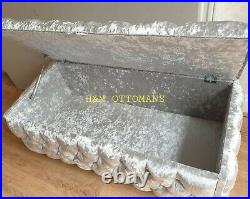 Large Storage Ottoman Silver Crushed Velvet Fully Upholster Toys Box & Bench