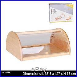 Large Traditional Wooden Bread Bin Food Storage Box With Clear Acrylic Roll Top