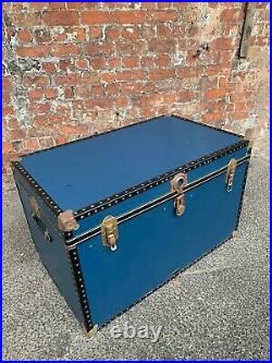 Large Vintage Mid-century Blue Travelling Trunk / Chest By Mossman Storage Box
