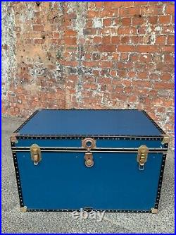 Large Vintage Mid-century Blue Travelling Trunk / Chest By Mossman Storage Box