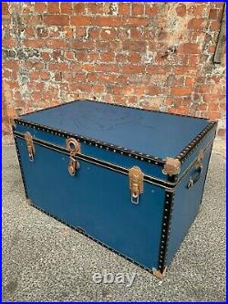 Large Vintage Mid-century Mossman Blue Travelling Trunk / Chest Storage Box