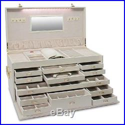 Leather Jewelry Box Case Large Organizer Display Storage Watch Ring Mirror Cream