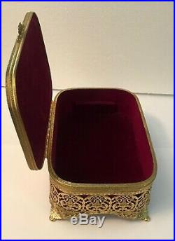 Lrg Vtg Amber Jeweled Ormolu Jewelry Casket Trinket Box withRemovable Storage Tray