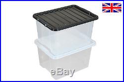 Multipacks of 30 Litre Plastic Storage Boxes with Clear or Black Lids New Box