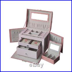 New Pink PU Large Jewellery Box Case Watch Holder Storage Organizer With Lock