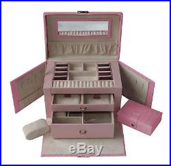 New Pink PU Large Jewellery Box Case Watch Holder Storage Organizer With Lock