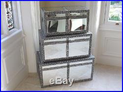 New S/3 Silver Embossed Mirrored Glass Storage Blanket Box Chest Large Trunks