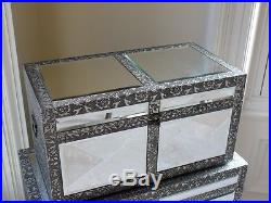 New S/3 Silver Embossed Mirrored Glass Storage Blanket Box Chest Large Trunks