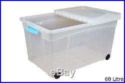 Packs of 60 Litre Plastic Storage Boxes Large Strong Clear Box Clip Lids Wheels