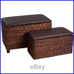 Set Of 2 Weaved Cattail Leaf Storage Ottoman Seats Blanket Box Chest Stool Bench