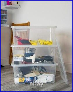 (Set of 10)80 Litres CLEAR PLASTIC Large Storage Box With Lids Strong Containers