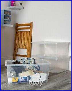 (Set of 10)80 Litres CLEAR PLASTIC Large Storage Box With Lids Strong Containers
