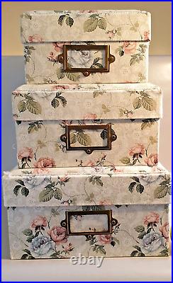 Set of 3 LARGE vintage stackable quality Storage boxes padded floral fabric MINT