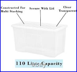 (Set of 5) 110L Clear Plastic Storage Box Lid Extra Large Organizing Container