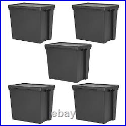 Set of 5 92L Black Storage Box With Lids Heavy Duty Recycled Plastic Stackable
